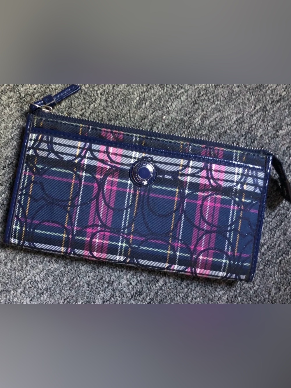 Coach Navy and Pink Plaid Snap Wallet